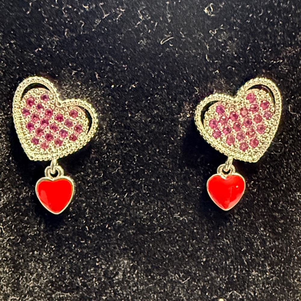 Pretty Bird Heart-Shaped Pink and Red White Gold Plated Earrings